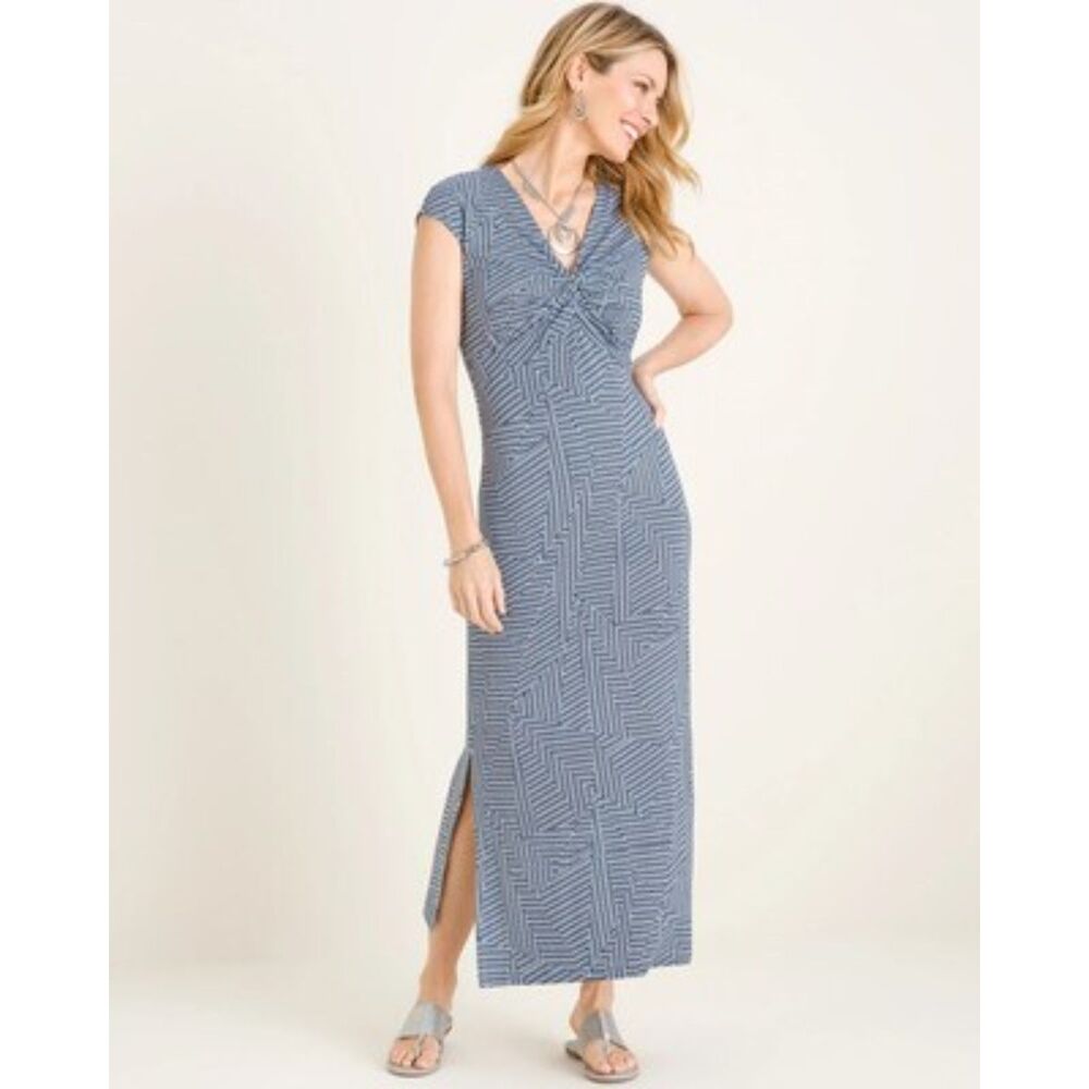 CHICO'S PRINTED TWIST FRONT CHIC FLATTERING CAP SLEEVE MAXI SHIFT DRESS SZ. M/8